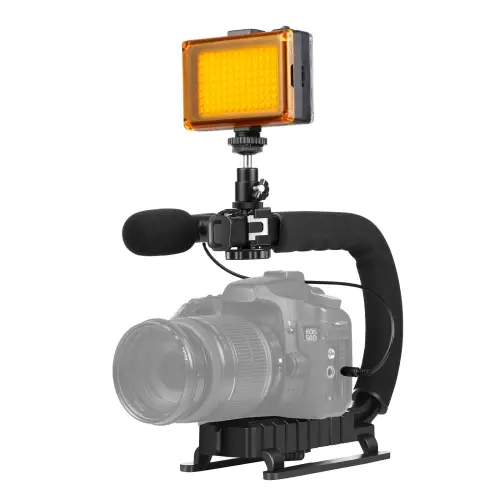 339 PULUZ U/C Shape Portable Handheld DV Bracket Stabilizer + LED Studio Light + Video Shotgun Microphone Kits